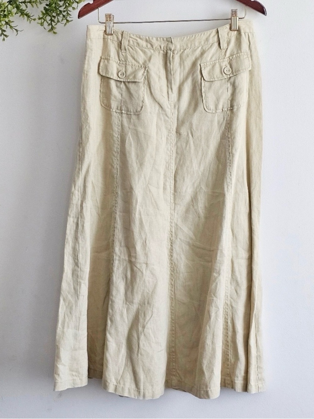 Boden Linen Long Skirt A-Line Beige Flared Panel Y2K Pockets Size 12 R